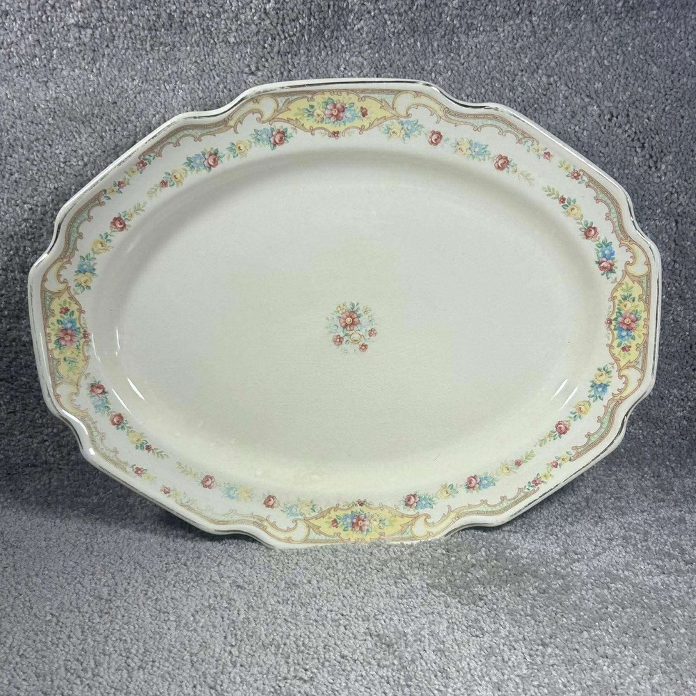 Vintage Serving Platter Cream Floral Gold Trim Scalloped Oval 13.5 Inch